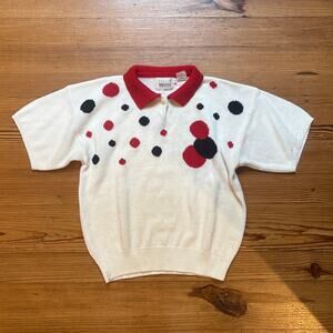 VTG Leslie Fay white black red polka dot collar short sleeve sweater‎ SIZE M